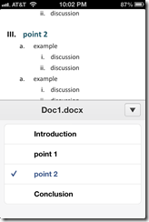 Office Mobile provides an outline view of a Word document