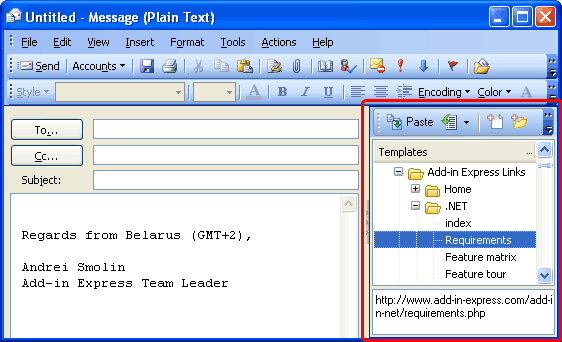  Template Phrases for Outlook add-in in my e-mail window