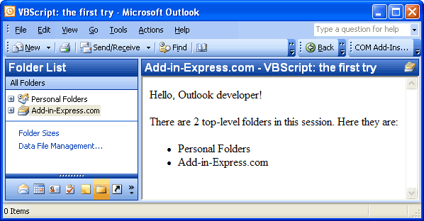 Custom HTML page shown in Outlook