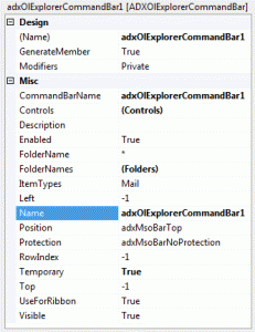 The Properties window for an Explorer commandbar component