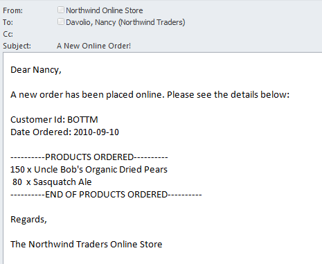 Sample order e-mail
