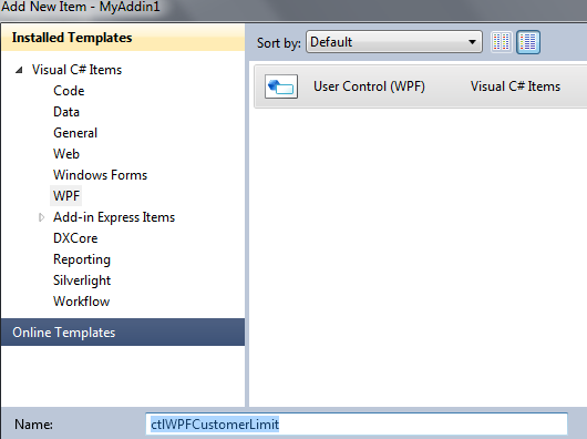 Adding a new WPF User Control to the project