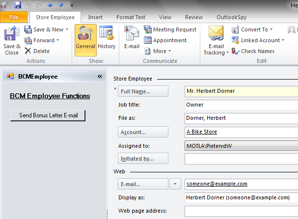 Advanced Outlook region only displays on the BCM employee form