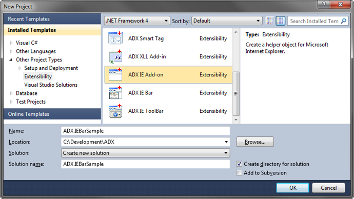 Creating a new IE add-on project in Visual Studio