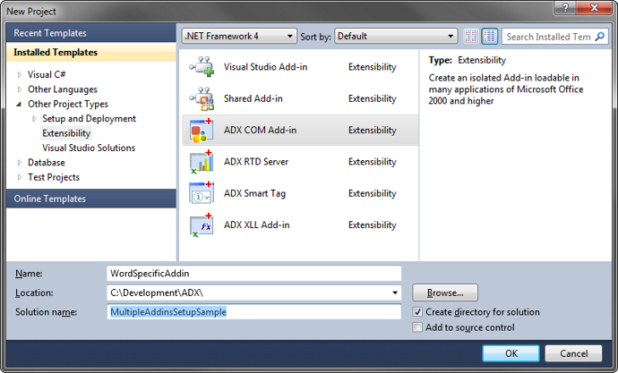 Creating a new Add-in Express COM Add-in project in Visual Studio