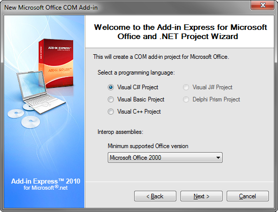 Selecting Visual C# Project and Office 2000 as the minimum supported version