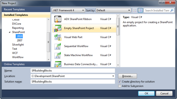 Creating a new SharePoint project in Visual Studio 2010