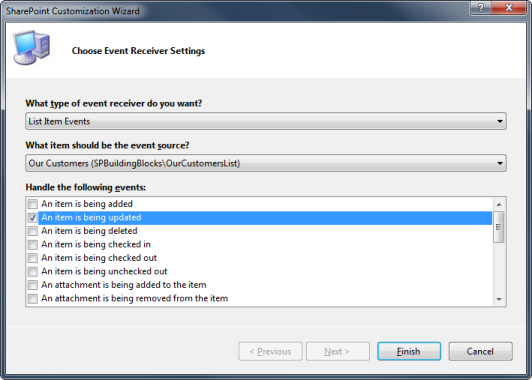 Choosing Event Receiver settings