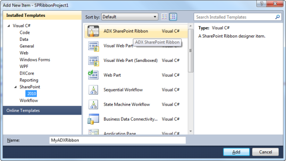 Addding an ADX SharePoint Ribbon item to an existing SharePoint project