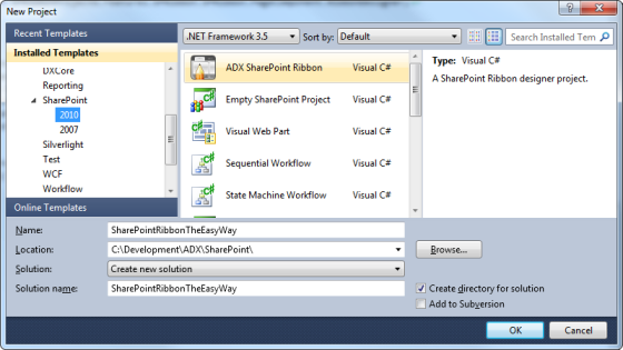 Creating a new SharePoint Ribbon project in Visual Studio 2010