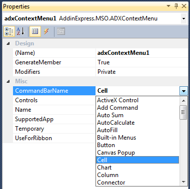 Use the CommandBarName property to specify to which context-menu you want to add your menu items.