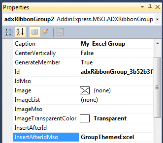 Setting the InsertAfterIdMso property to place the custom ribbon group after the built-in Themes group