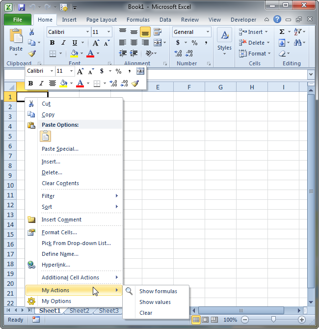 Excel 2010 context menu