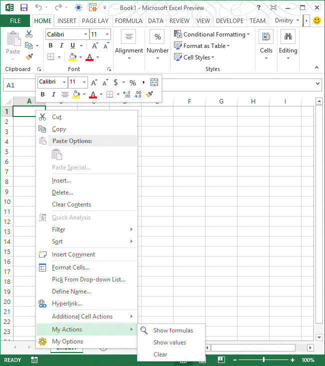 Excel 2013 context menu