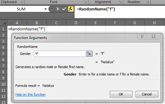 The RandomName formula, its description and parameter description in Excel