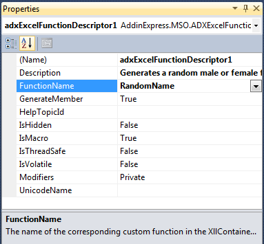 Selecting the new function descriptor and setting its FunctionName and Description properties