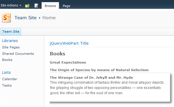 When you hover the mouse cursor over a book title the books' synopsis is displayed.