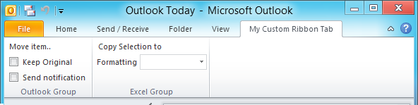A custom ribbon tab in the Outlook 2010 Explorer window