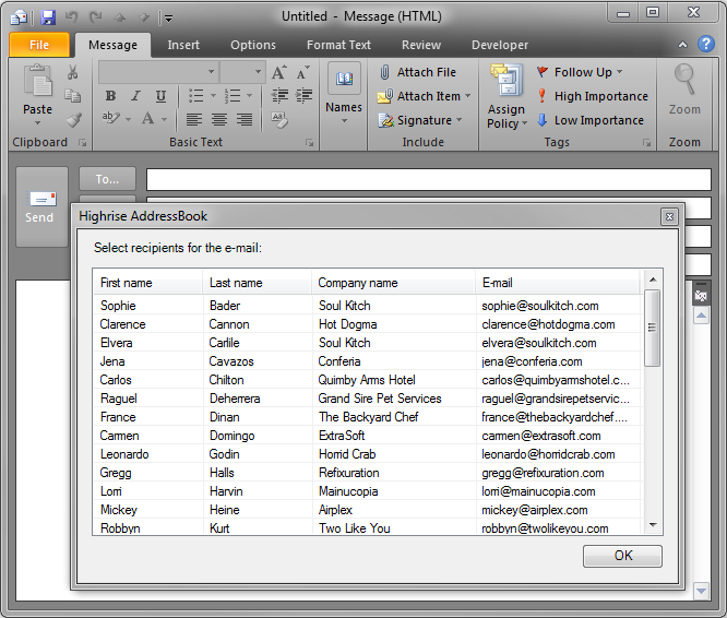 The custom address lookup dialog in Outlook 2010