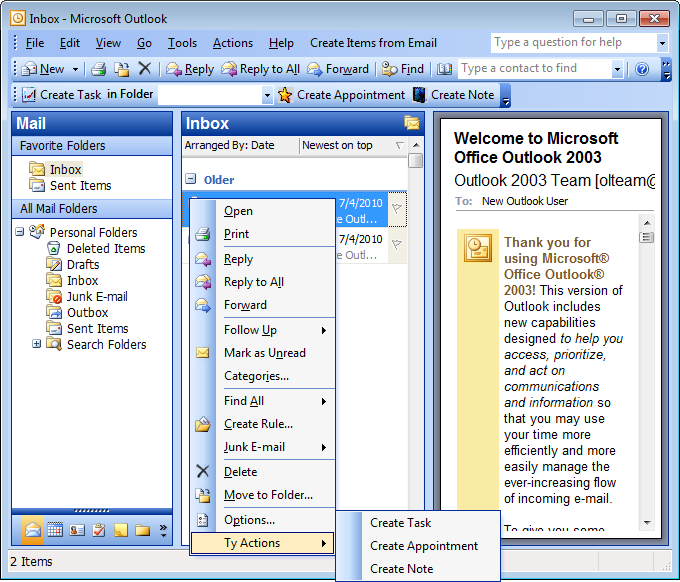 The custom context menu in Outlook 2003