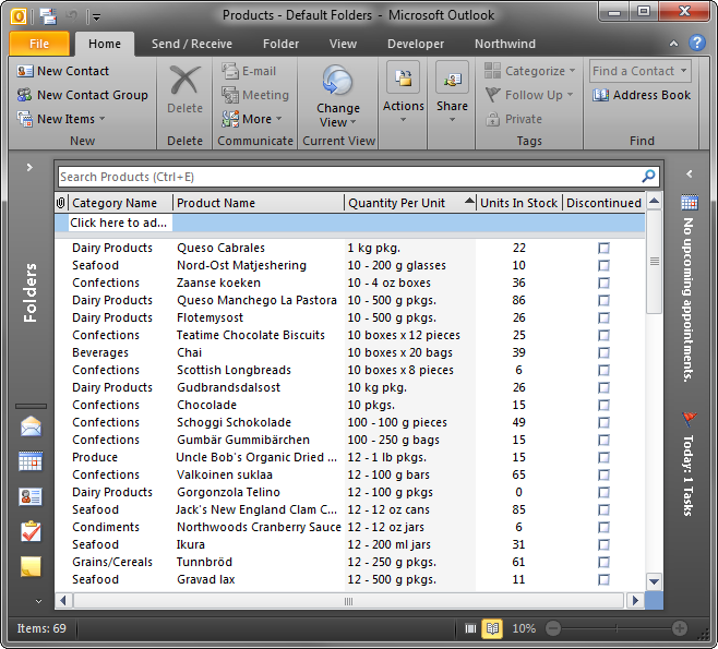 Custom view of the Outlook Contacts folder
