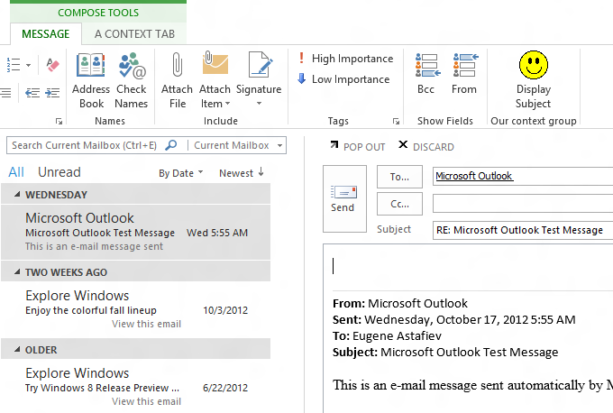 A custom ribbon group and a tab for Outlook 2013 inline response