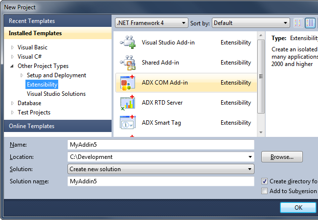 Creating a new Add-in Express COM Add-in project in Visual Studio