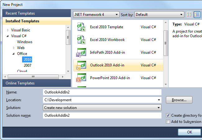 Starting a new Outlook 2010 Add-in project in Visual Studio 2010