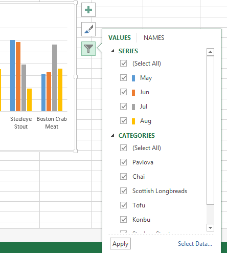 When selecting a chart in Excel you are able to filter the chart's data by either the series or categories