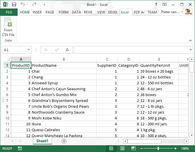 The data from a .csv file imported in Excel 2013 on a button click