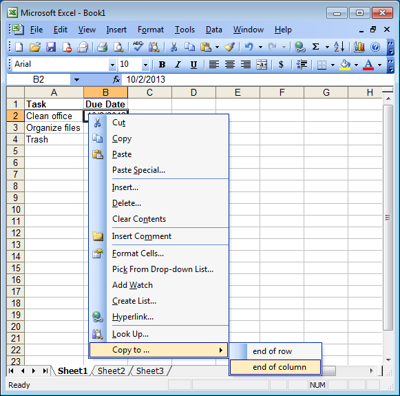 The newly created context menu in Excel 2003
