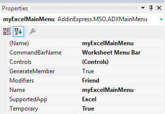 Set the properties of your custom Excel menu