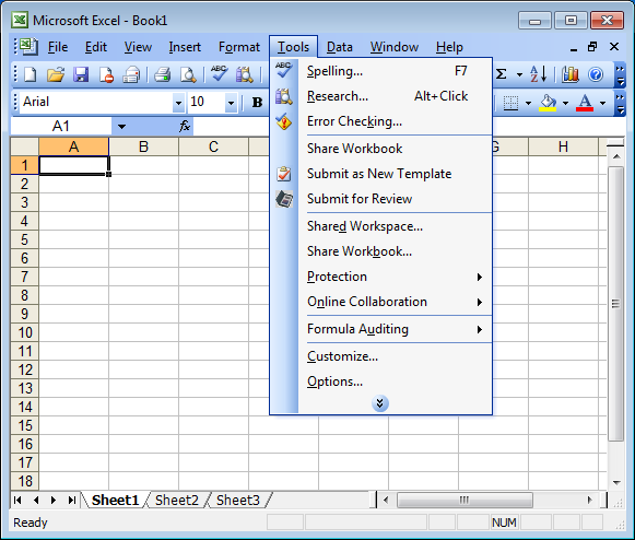 The integrated Tools menu in Excel 2003