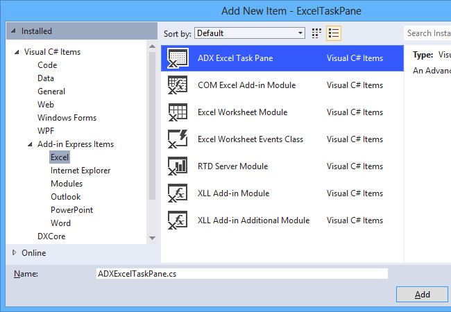 Adding a new ADX Excel Task Pane to the COM add-in project