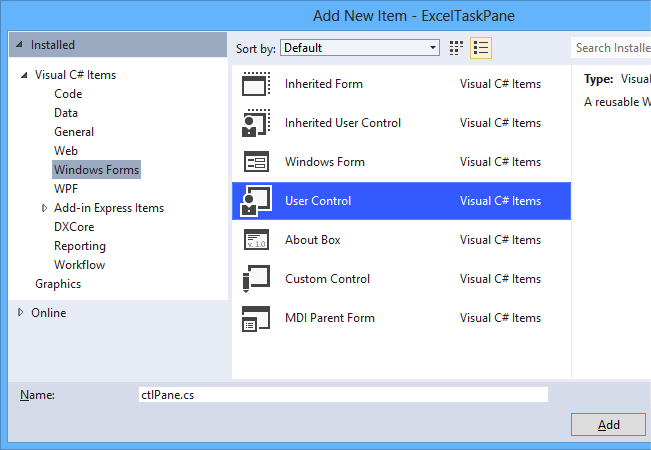 Selecting the User Control item template from the Add New Item dialog