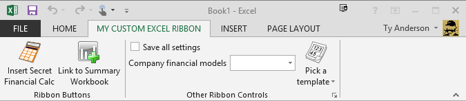 The custom Excel ribbon displays after the Home tab