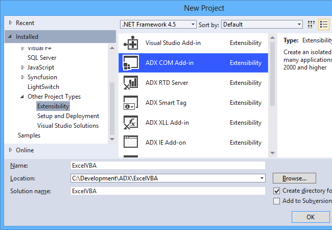 Creating a new Excel COM Add-in project in Visual Studio
