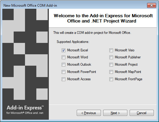 Selecting Excel as the only supported application