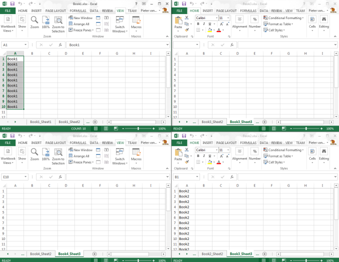 Multiple workbooks open in Excel 2013, each having its own Ribbon