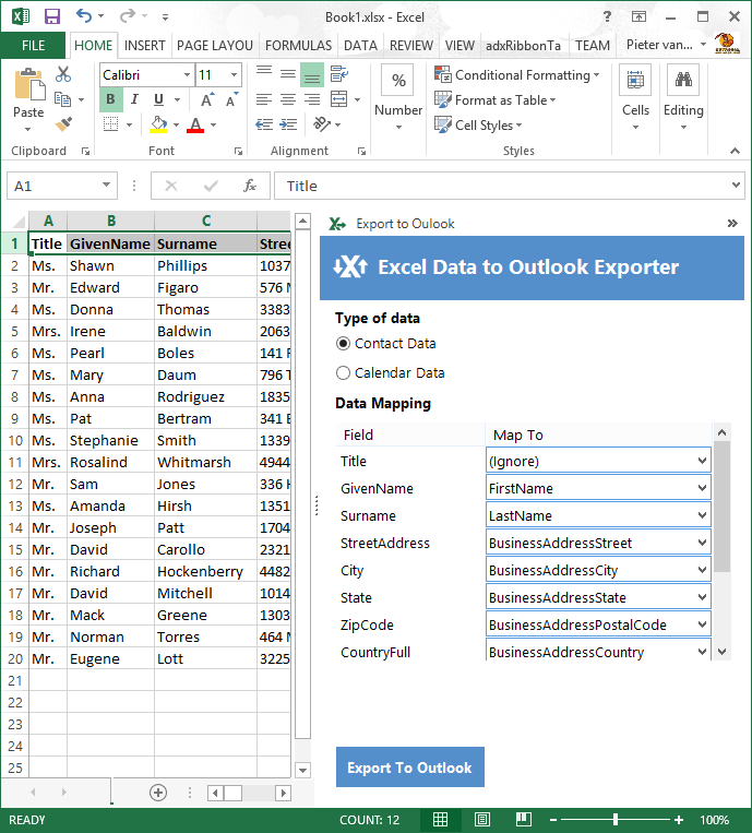Excel Data to Outlook Exporter add-in in Excel 2013