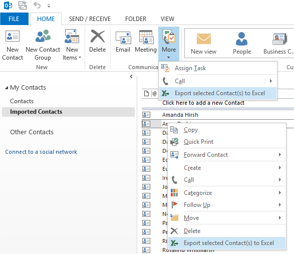 Outlook to Excel Exporter add-in in Outlook 2013