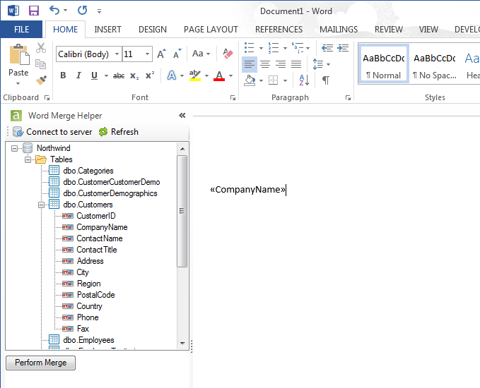 A double-click on a column node adds the column name to the active Word documents' MailMerge fields