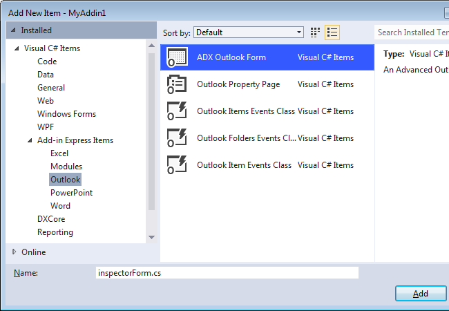 Adding a new ADX Outlook Form item to your project