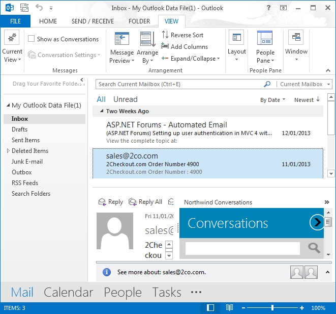 A custom form on the right of the Reading pane in Outlook 2013