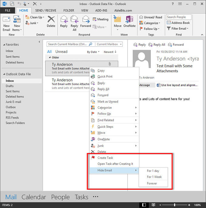 A custom context menu in Outlook 2013