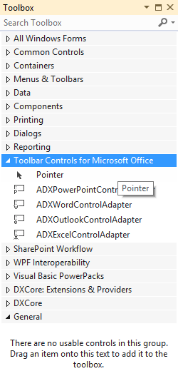 Adding the Outlook Control Adapter onto the designer surface