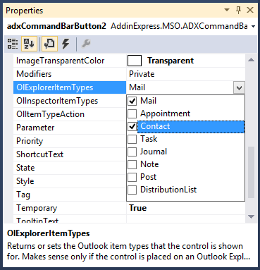 Specify the Outlook item type(s) for which you want to display your custom toolbar.
