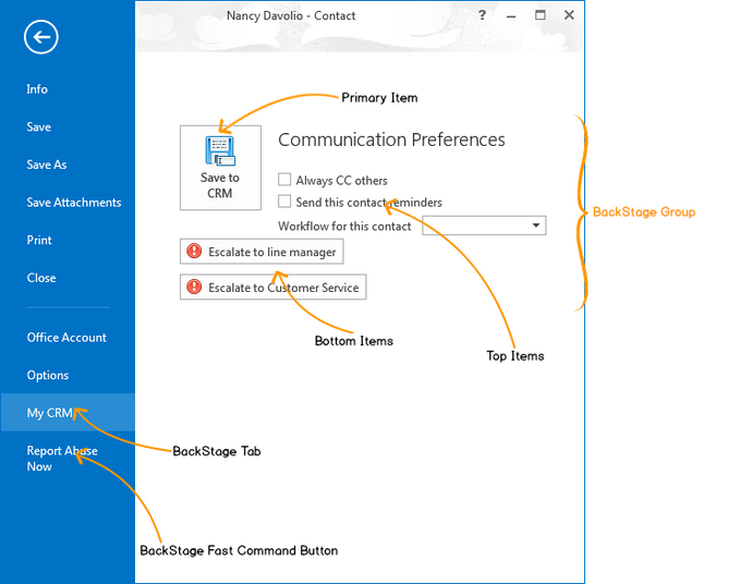 A custom item added to the Backstage view in Outlook 2013
