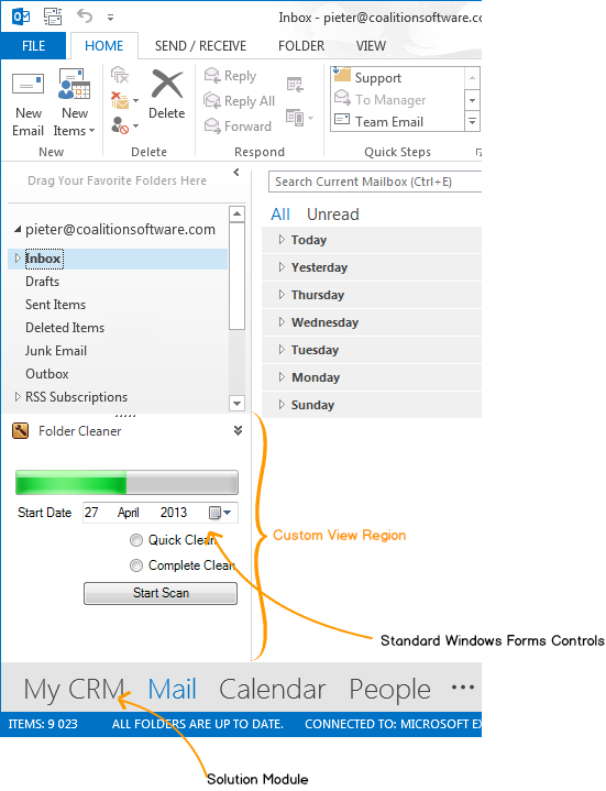 A custom region can be embedded to the bottom of the Outlook Navigation pane