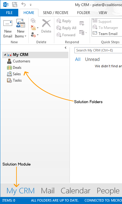 Custom folders added to Outlook 2013 solution module
